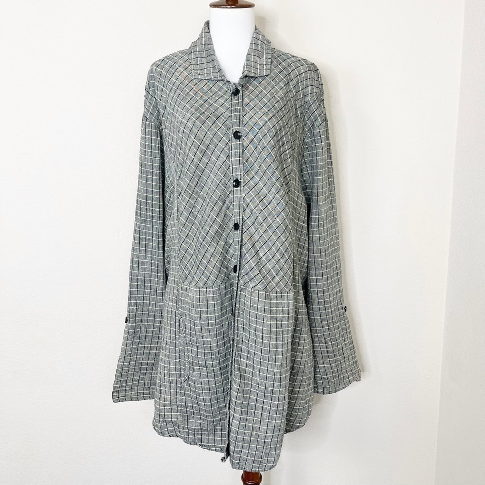 FLAX Plaid Long Sleeve Button‎ Down Tunic Mini Dress Pockets